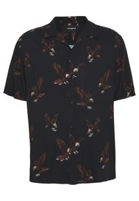 Schwarzes kurzärmliges Button-Up-Hemd mit braunen und weißen Adlerdrucken und einem entspannten Kragen.