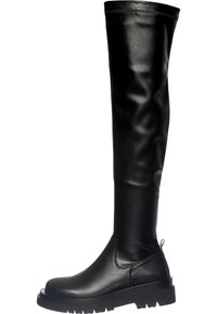 Botas de cuero negras por encima de la rodilla con un diseño elegante, caña texturizada y suela de goma gruesa para mayor agarre y durabilidad.