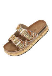 Sandales en cuir marron avec des double brides et des boucles métalliques. Décorées d'accents de perles et d'une semelle en jute tressé.