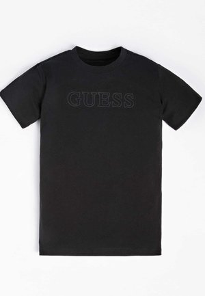 Sort T-shirt med korte ærmer, rund hals og subtilt præget "GUESS" logo over brystet.