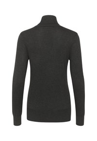 Ciemnoszara, długorękawowa bluza z wysokim kołnierzem, wykonana z dzianiny wełnianej, charakteryzująca się gładką teksturą i dopasowanym krojem.