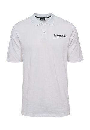 Hvid polo shirt lavet af bomuld, med en klassisk krave og tre-knaps lukning. Viser et sort "hummel" logo på venstre bryst.
