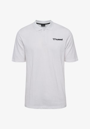 Hvid polo shirt lavet af bomuld, med en klassisk krave og tre-knaps lukning. Viser et sort "hummel" logo på venstre bryst.