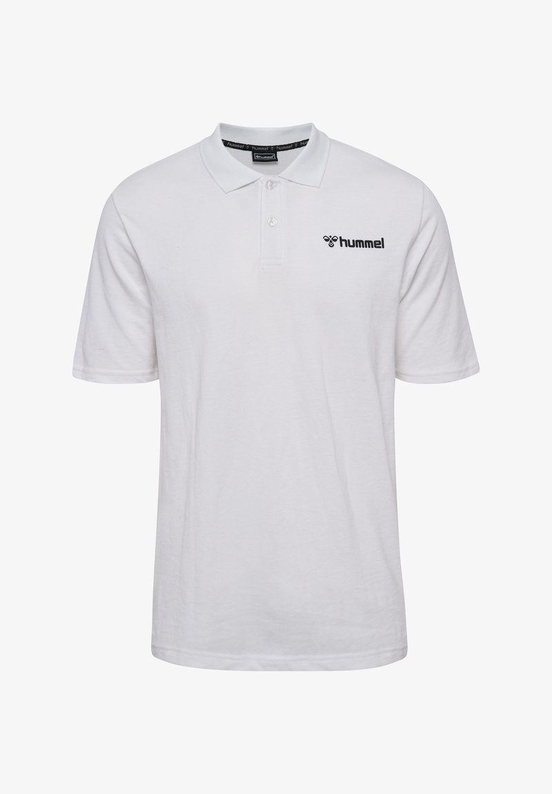 Biała koszulka polo wykonana z bawełny, z klasycznym kołnierzykiem i trzema guzikami. Zawiera czarne logo "hummel" na lewej piersi.