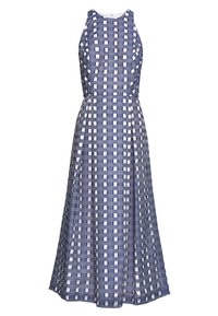 Marinblå klänning med ett rutmönster skapat av växelvis solid och genomskinlig tyg, ärmlös med en figurnära överdel och en svängig kjol.