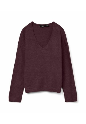 Vínový pletený svetr s výstřihem do V, dlouhými rukávy a žebrovanými manžetami a lemem. Měkká textura, volný střih a jednobarevný bez vzorů.