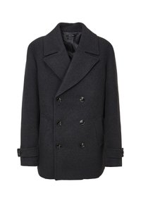Dark gray double-breasted wool-blend coat with wide lapels, six black buttons, two side pockets, and buttoned cuffs.