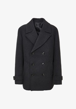 Cappotto in misto lana grigio scuro a doppio petto con ampi revers, sei bottoni neri, due tasche laterali e polsini con bottone.