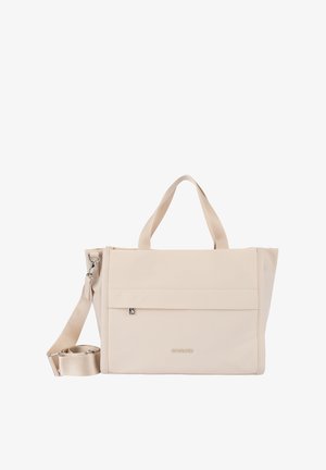 Beżowa torba typu tote wykonana z tkaniny o fakturze, wyposażona w miękkie uchwyty, odpinany pasek na ramię oraz przednią kieszeń na zamek. Logo wytłoczone z boku.