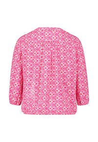Rosa gemusterte Bluse mit geometrischem Design, Dreiviertelärmeln und einer lockeren Passform mit gerafftem Rückendetail.
