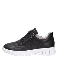 Schwarze Leder-Sneaker mit strukturiertem Obermaterial, weißer Gummisohle, Schnürung vorne und seitlichem Reißverschluss.