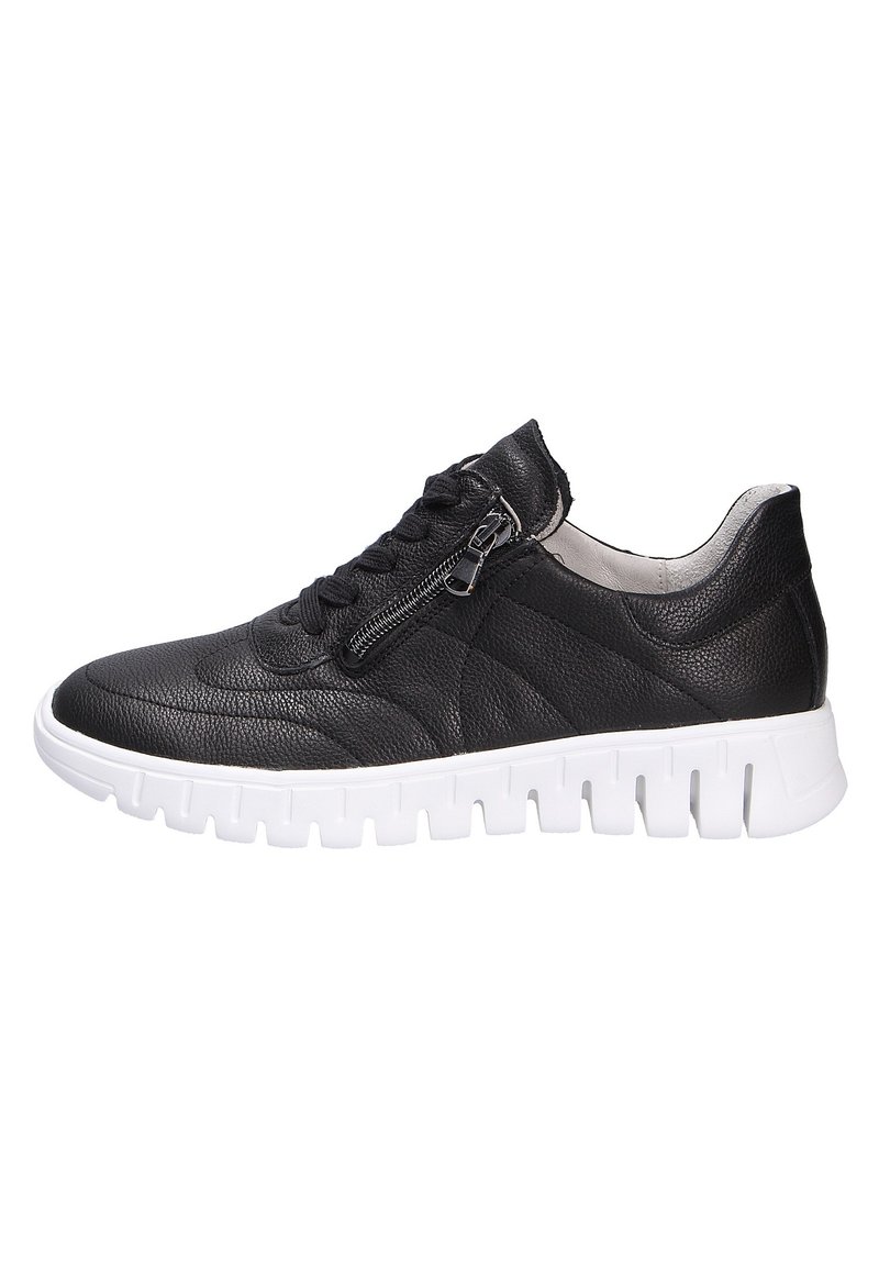 Schwarze Leder-Sneaker mit strukturiertem Obermaterial, weißer Gummisohle, Schnürung vorne und seitlichem Reißverschluss.