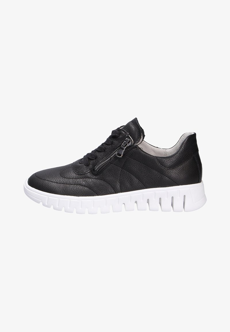 Schwarze Leder-Sneaker mit strukturiertem Obermaterial, weißer Gummisohle, Schnürung vorne und seitlichem Reißverschluss.