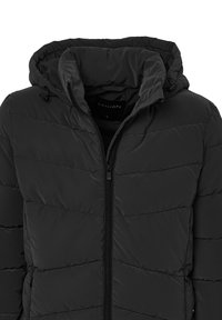Giacca puffo nera con cappuccio, realizzata in materiale liscio. Presenta una cerniera frontale, un design trapuntato e cordini regolabili sul cappuccio.