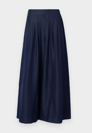 Μπλε ναυτικό midi φούστα με ψηλή μέση και κάθετες πιέτες, ρέον ύφασμα και σιλουέτα σε σχήμα A.