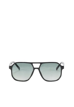Gafas de sol estilo aviador con montura negra, lentes grises degradadas y diseño de doble puente, mostradas de frente.