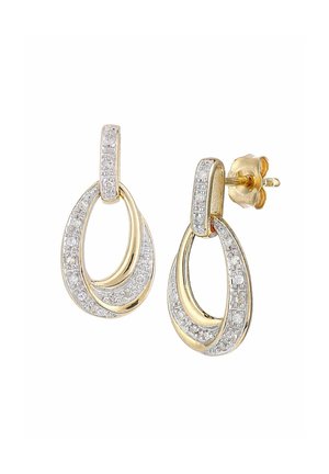 Ohrringe in Goldfarbe mit doppelt ovalen Formen, verziert mit mehreren kleinen klaren Kristallen, die ein poliertes Finish und eine sichere Steckverschluss haben.