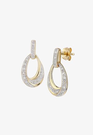 Złocone kolczyki w kształcie podwójnych owalów ozdobione małymi, przezroczystymi kryształkami, charakteryzujące się polerowanym wykończeniem i bezpiecznym zapięciem na sztyft.