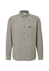 Heren overhemd met lange mouwen, knopenoverlap en een beige en marineblauw ruitpatroon, met een geknopt kraag, één borstzak en een logo-label boven de zak.