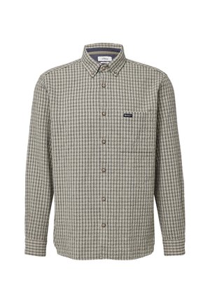 Męska koszula z długim rękawem, zapinana na guziki, w beżowo-granatową kratę, z kołnierzykiem zapinanym na guziki, pojedynczą kieszenią na piersi i metką z logo nad kieszenią.