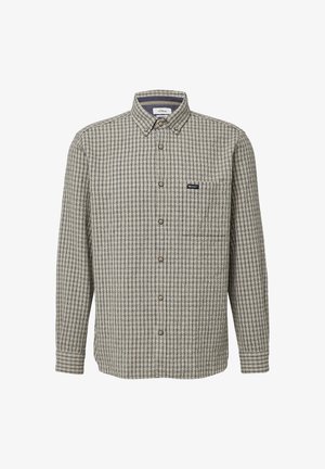 Heren overhemd met lange mouwen, knopenoverlap en een beige en marineblauw ruitpatroon, met een geknopt kraag, één borstzak en een logo-label boven de zak.