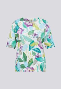 Short-sleeved t-shirt featuring a colorful floral and leaf pattern in shades of green, blue, and purple on a white background.