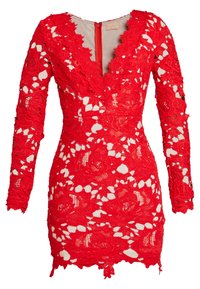 Red lace dress with long sleeves, featuring floral patterns and a deep V-neck. Includes a back zipper and a fitted silhouette.