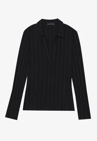 Svart langermet topp med krage, med v-utringning, vertikal ribbestruktur og en tettsittende design. Stoffet ser glatt og mykt ut.