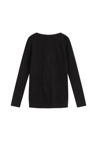 Schwarzer Strickpullover mit langen Ärmeln, rundem Ausschnitt, geripptem Saum und strukturiertem Stichmuster auf der Rückseite. Keine sichtbaren Beschläge oder Akzente.