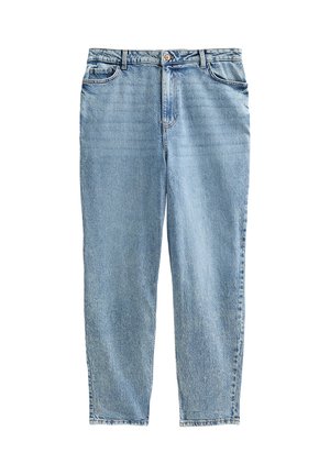 Jeans en denim bleu clair à taille haute, coupe droite, cinq poches et décoloration subtile. Fini avec une fermeture à bouton et à fermeture éclair.