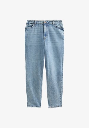 Lichtblauwe denim jeans met hoge taille, rechte pasvorm, vijf zakken en subtiele vervaging. Afgewerkt met een knoop- en ritslung.