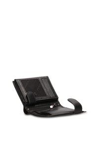 Portafoglio in pelle nera con design aperto, dotato di scomparti per carte, un porta documento trasparente e un vano con cerniera. Texture liscia in tutta la superficie.