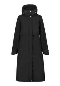 Cappotto lungo nero realizzato in materiale resistente all'acqua, dotato di colletto alto, cappuccio e chiusura a bottoni a pressione. Include tasche laterali e dettagli ai polsi.