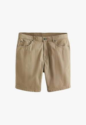 Khakishorts aus gewebter Baumwolle, mit flachem Bund, zwei Seitentaschen und einer einzelnen Gesäßtasche mit Knopfverschluss.