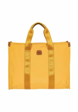 Borsa tote rettangolare gialla con doppi manici larghi e una piccola patch con logo in pelle al centro davanti.