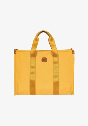 Borsa tote rettangolare gialla con doppi manici larghi e una piccola patch con logo in pelle al centro davanti.