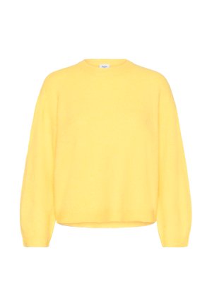 Žuti pleteni džemper s okruglim izrezom, rukavima padajućim s ramena i opuštenim krojem. Mekana tekstura i završetak s rebrastim rubom.