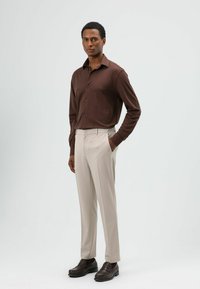 Bruine lange mouwen blouse met knopen, beige op maat gemaakte broek en donkerbruine schoenen. Gladde stof, slanke pasvorm, eenvoudige stijl, neutrale kleuren.