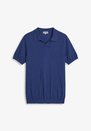 Marineblauw poloshirt met korte mouwen, een kraag, geribbelde manchetten en zoom, en een subtiel "AM"-logo op de borst.