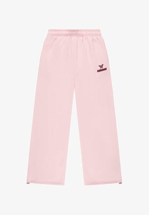 Lys rosa joggebukser med elastisk midje og logo-trykk i mørk maroon. Løs passform med rette ben og ingen sidelommer.
