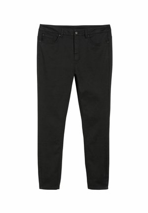Musta slim-fit farkut, valmistettu puuvillasekoitekankaasta. Ominaisuuksiin kuuluu viiden taskun muotoilu, vetoketjukiinnitys nappisuljennalla ja minimalistiset tikkaustiedot.