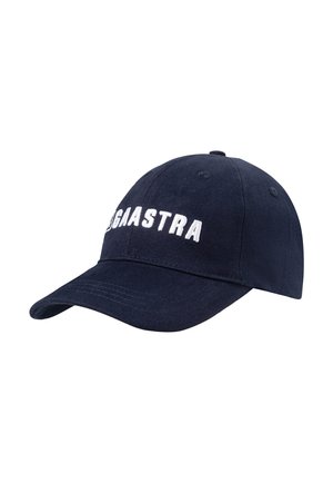 Navyblaue Baseballkappe mit weißer "GAASTRA"-Bestickung auf der Vorderseite, gebogenem Schirm und sechsteiliger Konstruktion.