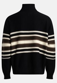 Pulover din tricot cu guler înalt, cu dungi orizontale în negru, maro și crem. Țesătură texturată, cu manșete și tiv cu striații.