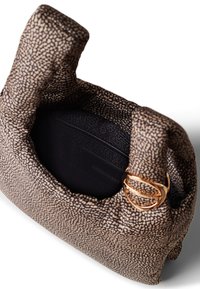 Brown and black textured handbag with dual handles, featuring a gold-tone hardware accent and a spacious black interior pocket.
