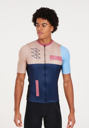 Cycling jersey with short sleeves in pink, navy, and blue. Features a full zipper, geometric patterns, and a snug fit. Made from breathable material.