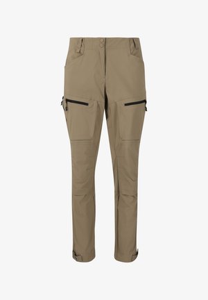 Beige udendørshorts lavet af letvægtsmateriale. Har to lynlåslommer på siden, artikulerede knæ og justerbare manchetter.