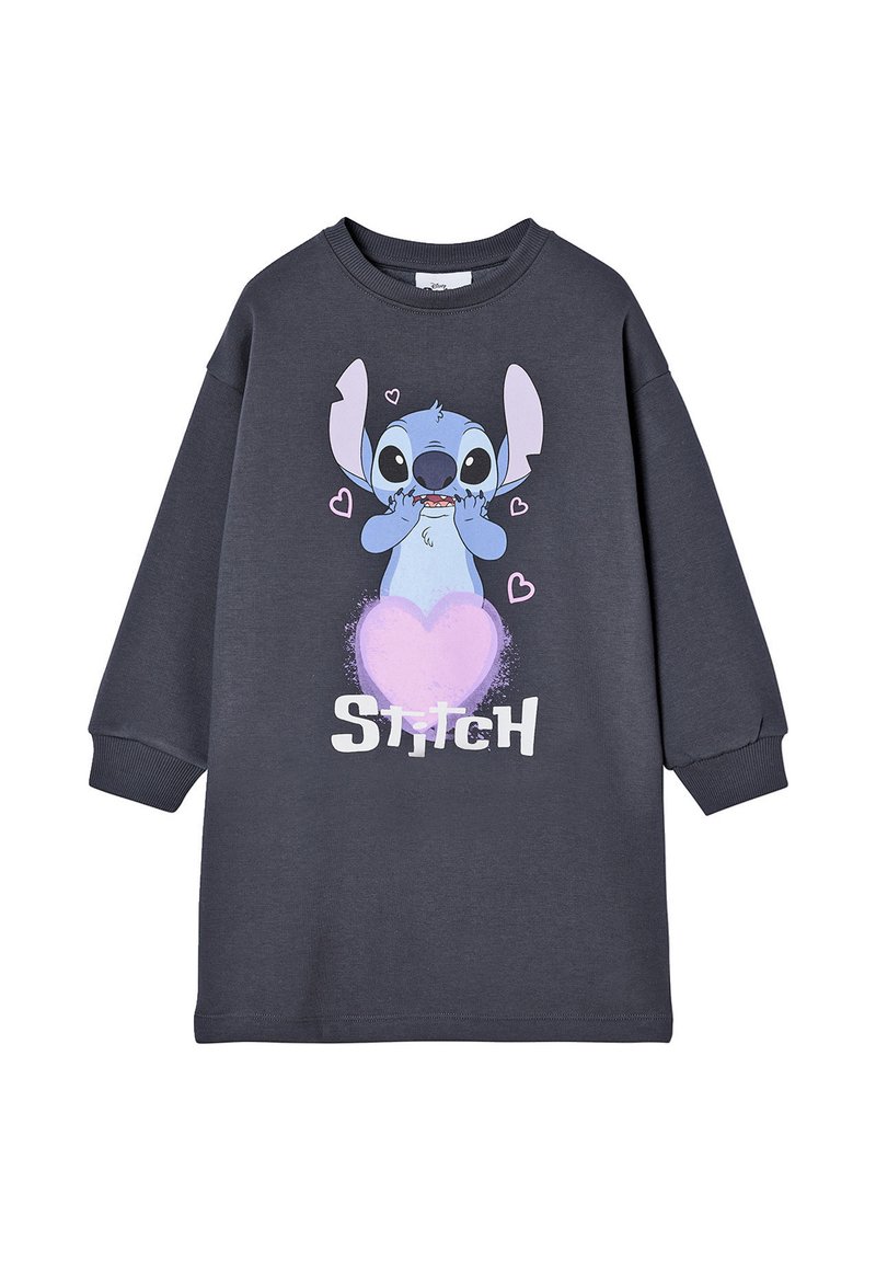 Graues Sweatshirtkleid mit langen Ärmeln, das ein Cartoon-Stitch-Design, Herzen und den Text "STITCH" in Weiß zeigt, aus weichem Stoff gefertigt.