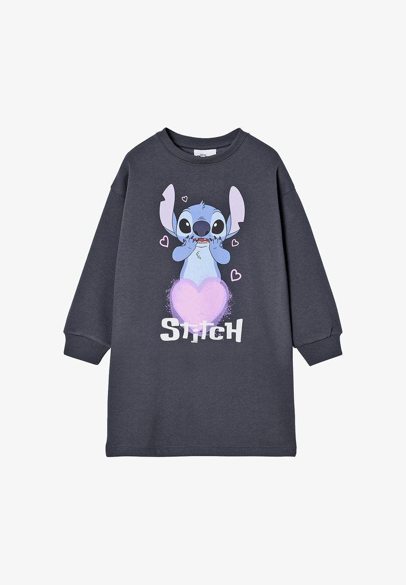 Graues Sweatshirtkleid mit langen Ärmeln, das ein Cartoon-Stitch-Design, Herzen und den Text "STITCH" in Weiß zeigt, aus weichem Stoff gefertigt.