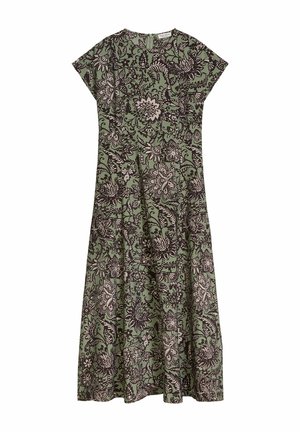 Groen midi-jurk met korte mouwen en ingewikkelde zwarte en beige bloemen- en bladmotieven, met een ronde halslijn en een rits aan de achterkant.