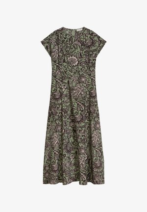 Green short-sleeve midi dress with black and beige intricate floral and leaf patterns, featuring a round neckline and a back zipper.